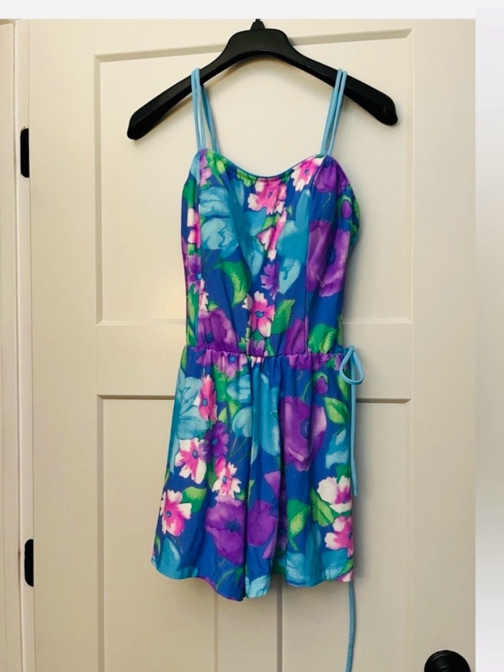 Vintage Sea Waves Womens Swim Suit Romper Blue Purple Floral Size 14